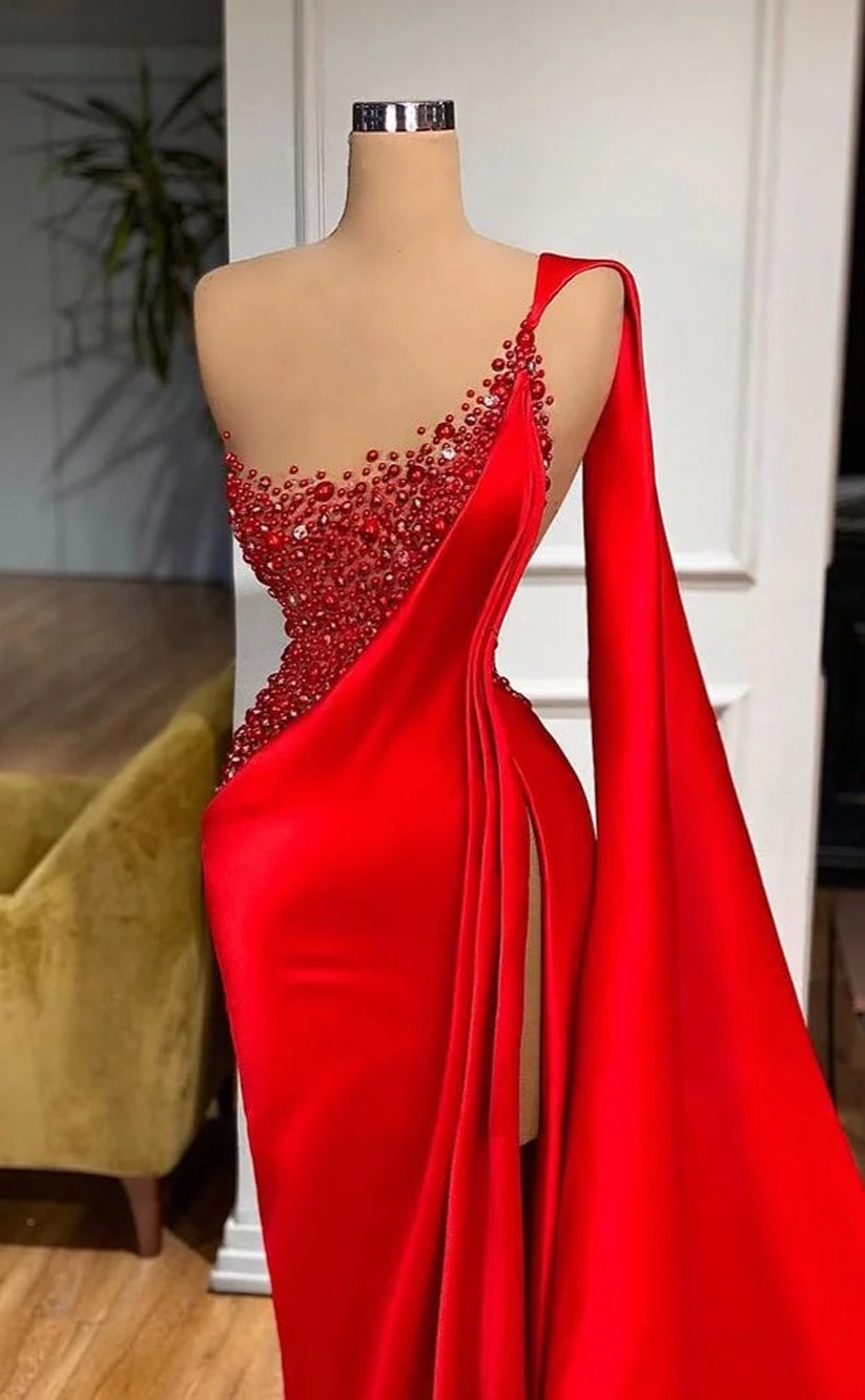 RP1116-Elegant Red Mermaid One Shoulder Beads Sleeveless Long Prom Evening Dresses Formal Party Gowns With Train