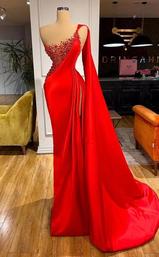 RP1116-Elegant Red Mermaid One Shoulder Beads Sleeveless Long Prom Evening Dresses Formal Party Gowns With Train