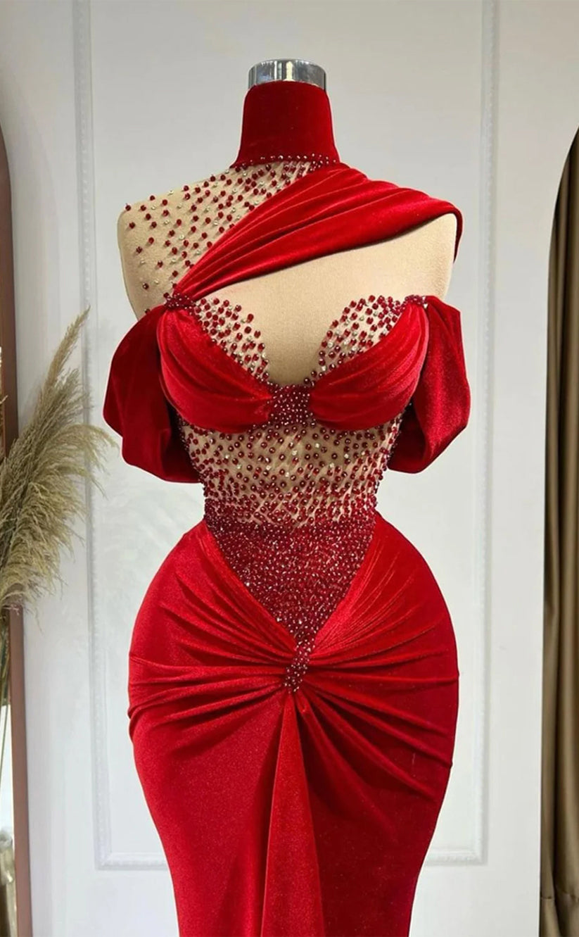 RP284-Gorgeous Red Mermaid High Neck Beads Pleated Cap Sleeves Prom Evening Dresses Formal Party Gowns