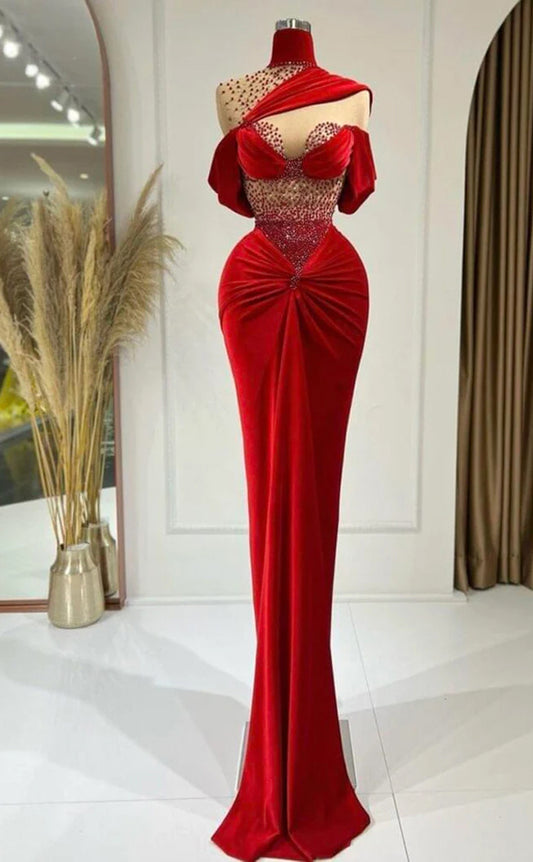 RP284-Gorgeous Red Mermaid High Neck Beads Pleated Cap Sleeves Prom Evening Dresses Formal Party Gowns