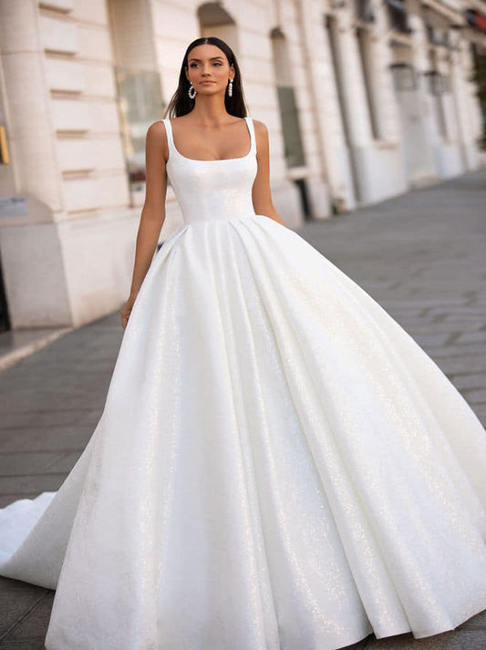 Elegant & Simple Ball Gown Boho Wedding Dresses Spaghetti Sleeveless Zipper Satin Sweep Train Bridal Gowns Custom