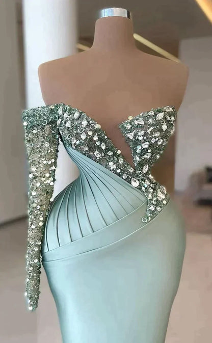 RP362-Gorgeous Mermaid Off-the-Shoulder Pleated Crystals Sequined One Long Sleeve Prom Evening Dresses Formal Party Gowns