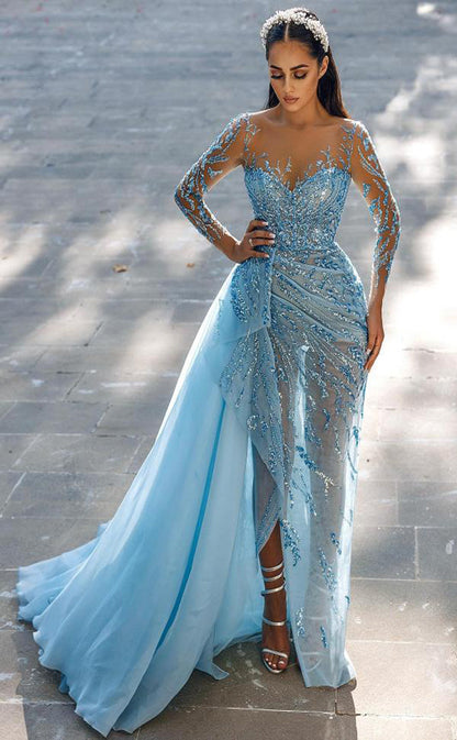 RP200-Sky Blue Sexy Mermaid Sweetheart Long Sleeves Sequined Appliqued Prom Dresses Evening Party Gowns With Slit