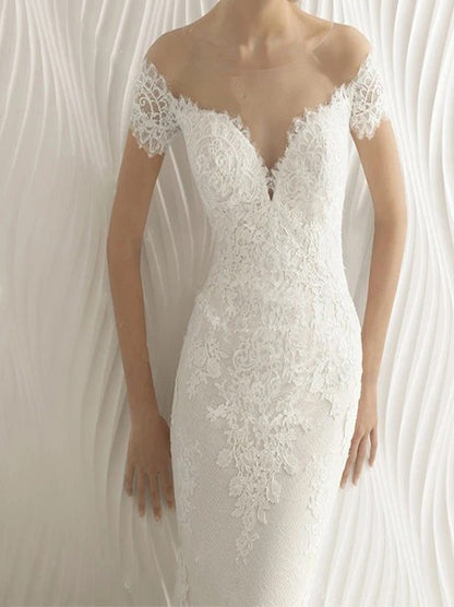 Sexy Mermaid Wedding Dresses Scoop Appliques Buttons Back Cap Sleeves Lace Sweep Train Bridal Gowns