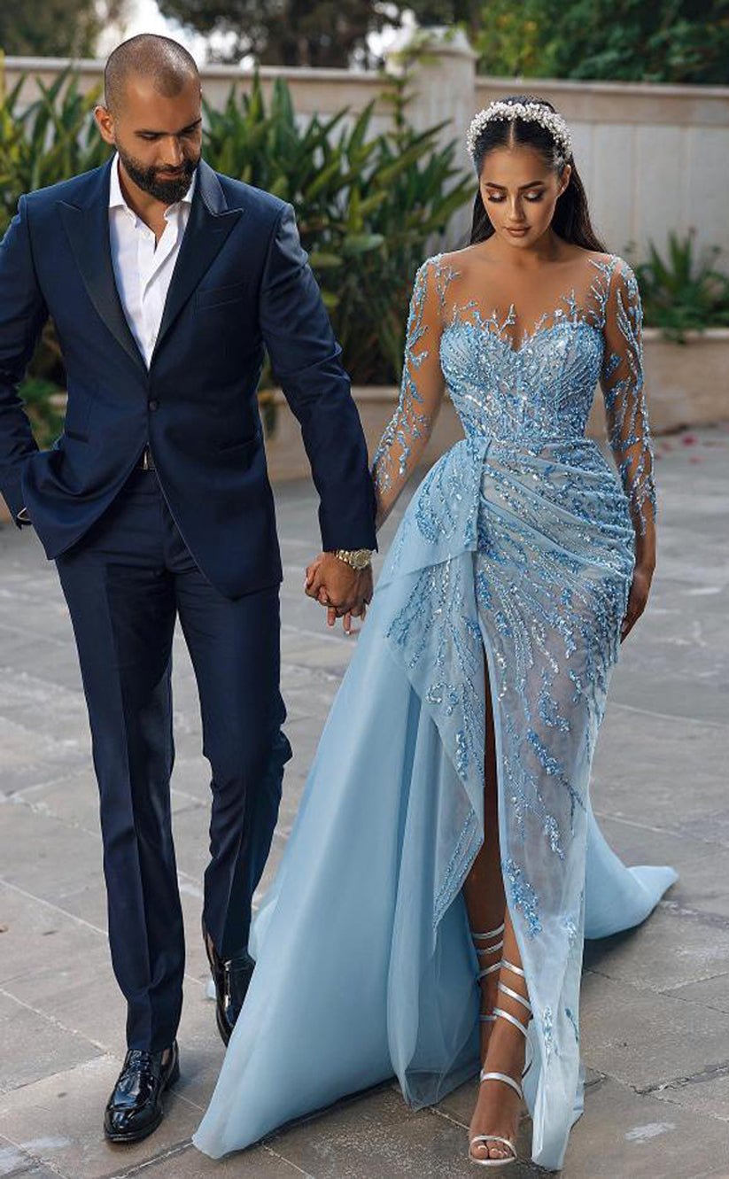 RP200-Sky Blue Sexy Mermaid Sweetheart Long Sleeves Sequined Appliqued Prom Dresses Evening Party Gowns With Slit