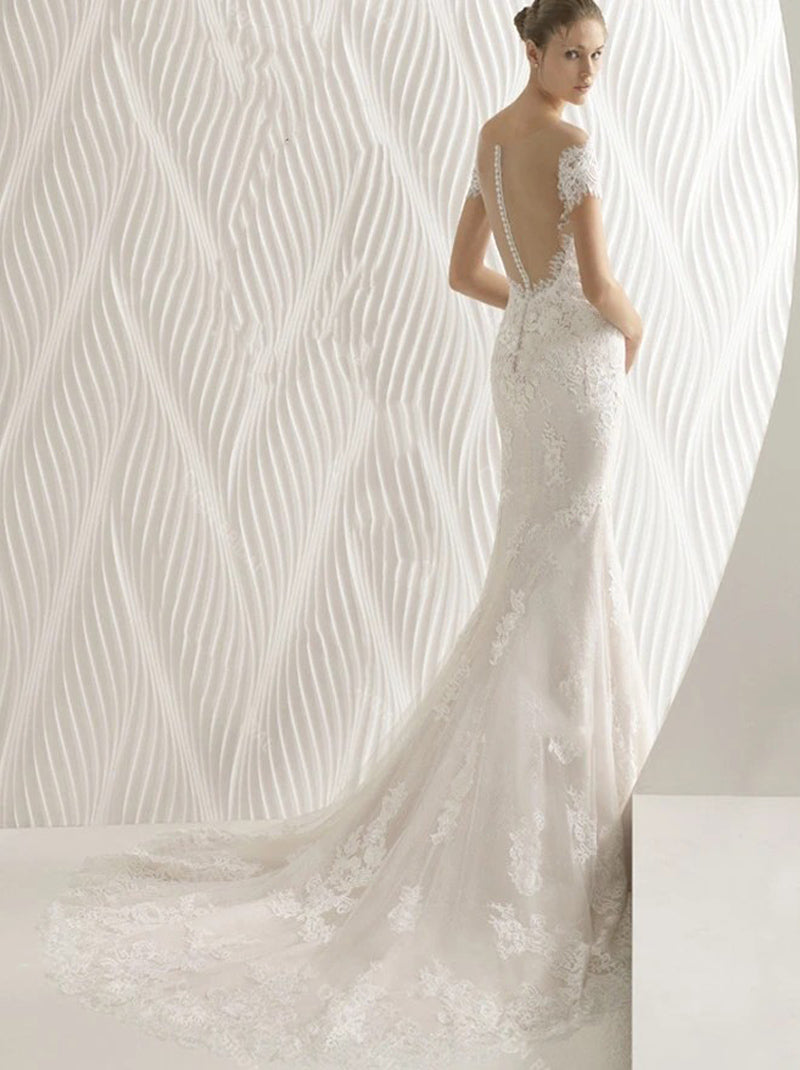 Sexy Mermaid Wedding Dresses Scoop Appliques Buttons Back Cap Sleeves Lace Sweep Train Bridal Gowns