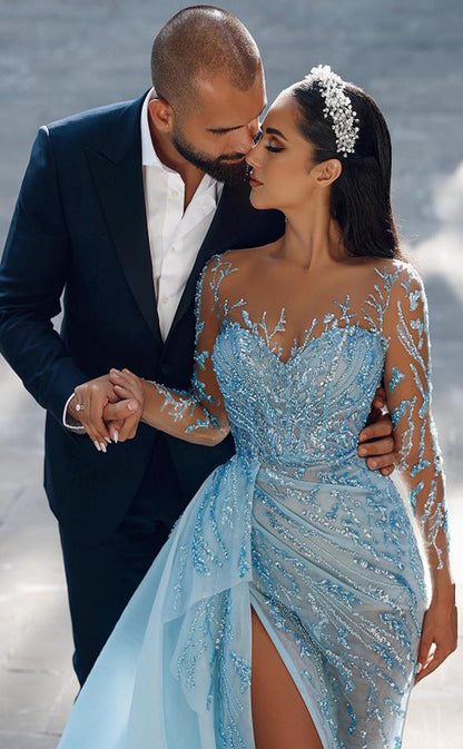 RP200-Sky Blue Sexy Mermaid Sweetheart Long Sleeves Sequined Appliqued Prom Dresses Evening Party Gowns With Slit