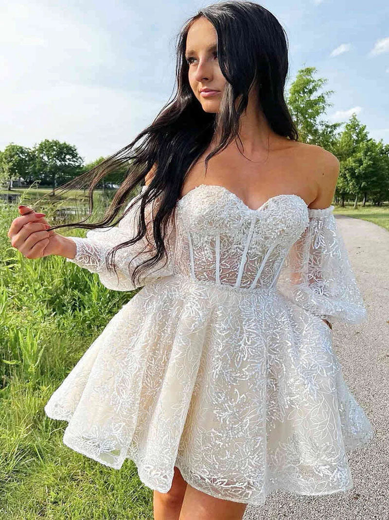 Elegant A-Line Sweetheart Blue Off The Shoulder Puff Sleeve Beads Appliques Zipper Back Homecoming Dresses With Sequins  Prom Dress Graduation Dresses