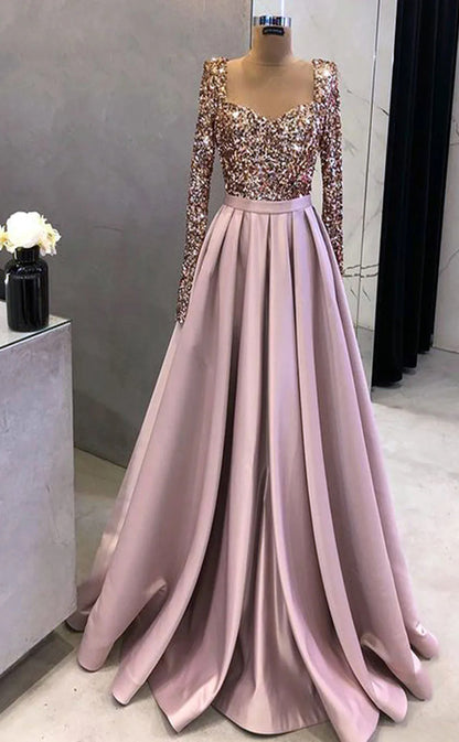 RP049-Elegant A-Line Sweetheart Long Sleeves Beads Sequins Side Slit Lace up Back Long Satin Prom Dresses With Pockets Evening Party Gowns