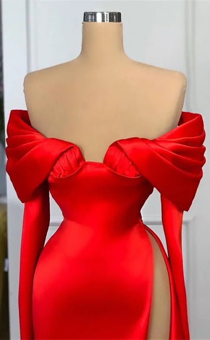 RP1117-Elegant Red Mermaid Off-the-Shoulder Ruched Long Sleeves Long Prom Evening Dresses Formal Party Gowns With Slit