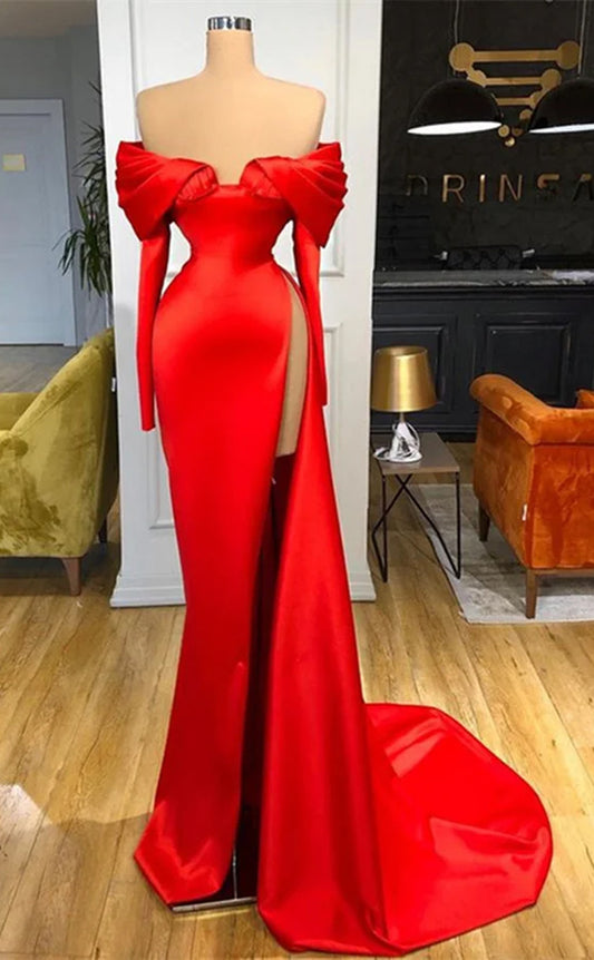 RP1117-Elegant Red Mermaid Off-the-Shoulder Ruched Long Sleeves Long Prom Evening Dresses Formal Party Gowns With Slit