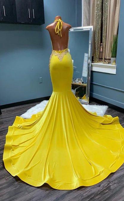 RP1131-Elegant Yellow Mermaid Halter Beads Appliqued Sleeveless Long Prom Evening Dresses Formal Party Gowns