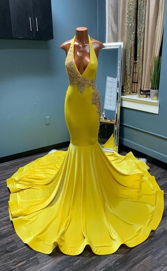 RP1131-Elegant Yellow Mermaid Halter Beads Appliqued Sleeveless Long Prom Evening Dresses Formal Party Gowns