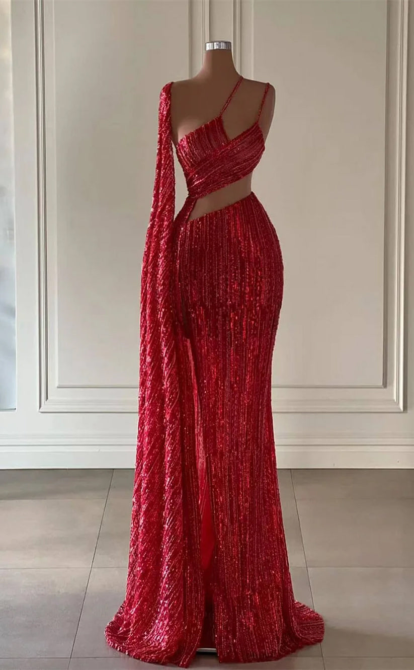 RP1132-Classic Red Mermaid One Shoulder Beads Sequins Sleeveless Long Prom Evening Dresses Formal Party Gowns With Cut-out