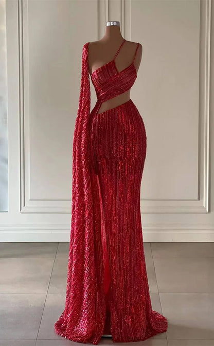 RP1132-Classic Red Mermaid One Shoulder Beads Sequins Sleeveless Long Prom Evening Dresses Formal Party Gowns With Cut-out