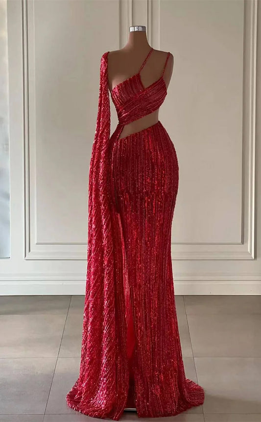 RP1132-Classic Red Mermaid One Shoulder Beads Sequins Sleeveless Long Prom Evening Dresses Formal Party Gowns With Cut-out