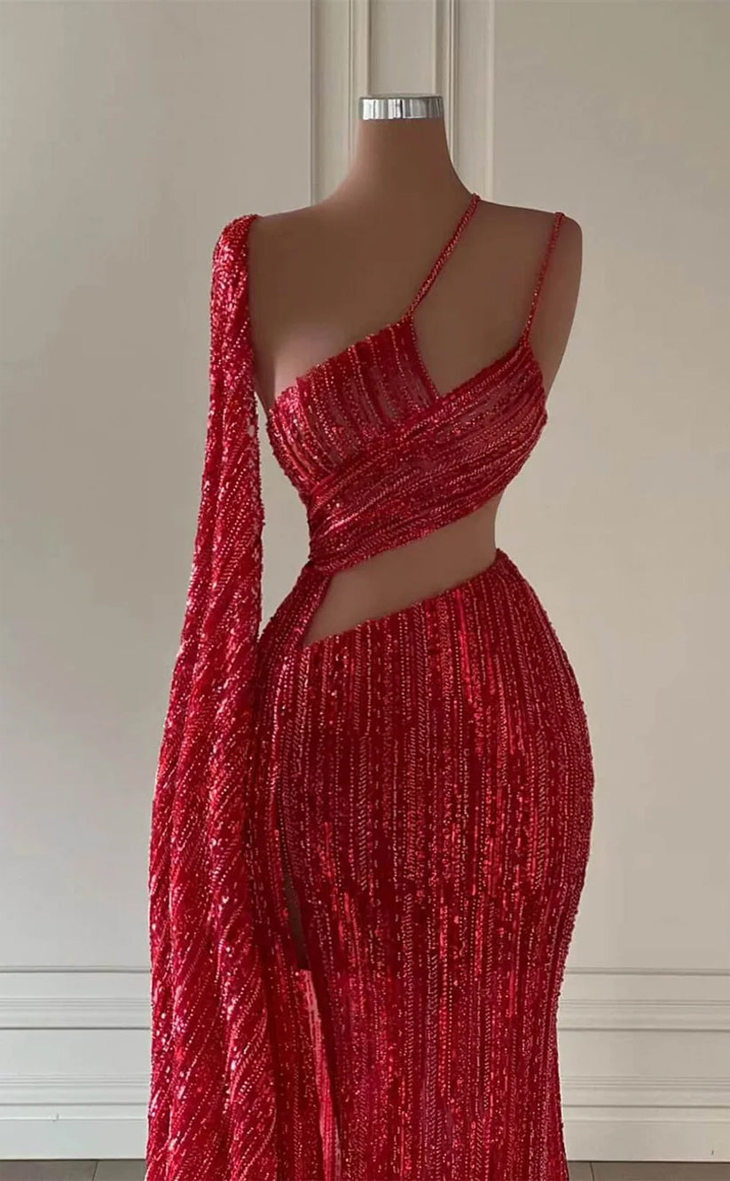 RP1132-Classic Red Mermaid One Shoulder Beads Sequins Sleeveless Long Prom Evening Dresses Formal Party Gowns With Cut-out