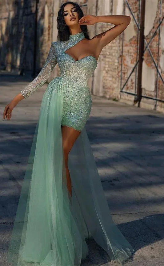 RP1133-Sparkling Green Mermaid High Neck Beads Sequins One Long Sleeve Long Prom Evening Dresses Formal Party Gowns With Train