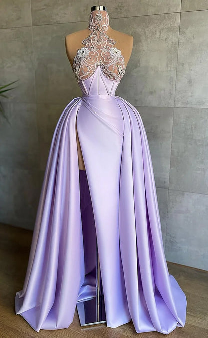 RP1129-Elegant Lavender Mermaid High Neck Beads Appliqued Sleeveless Satin Long Prom Evening Dresses Formal Party Gowns With Slit