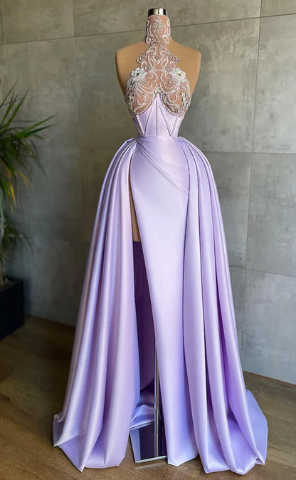 RP1129-Elegant Lavender Mermaid High Neck Beads Appliqued Sleeveless Satin Long Prom Evening Dresses Formal Party Gowns With Slit