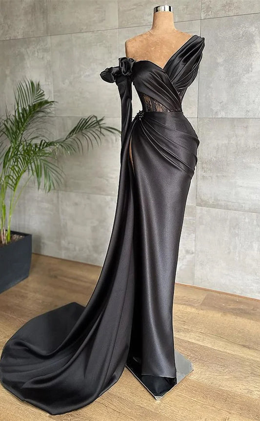 RP1127-Elegant Black Mermaid Off-the-Shoulder Beads Ruched One Long Sleeve Long Prom Evening Dresses Formal Party Gowns With Slit