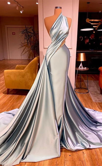 RP1109-Elegant Silver Mermaid One Shoulder Ruched Beads Sleeveless Long Prom Evening Dresses Formal Party Gowns With Train