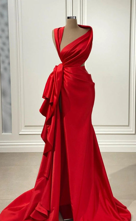 RP1115-Elegant Red Mermaid V-Neck Ruched Sleeveless Long Prom Evening Dresses Formal Party Gowns With Train