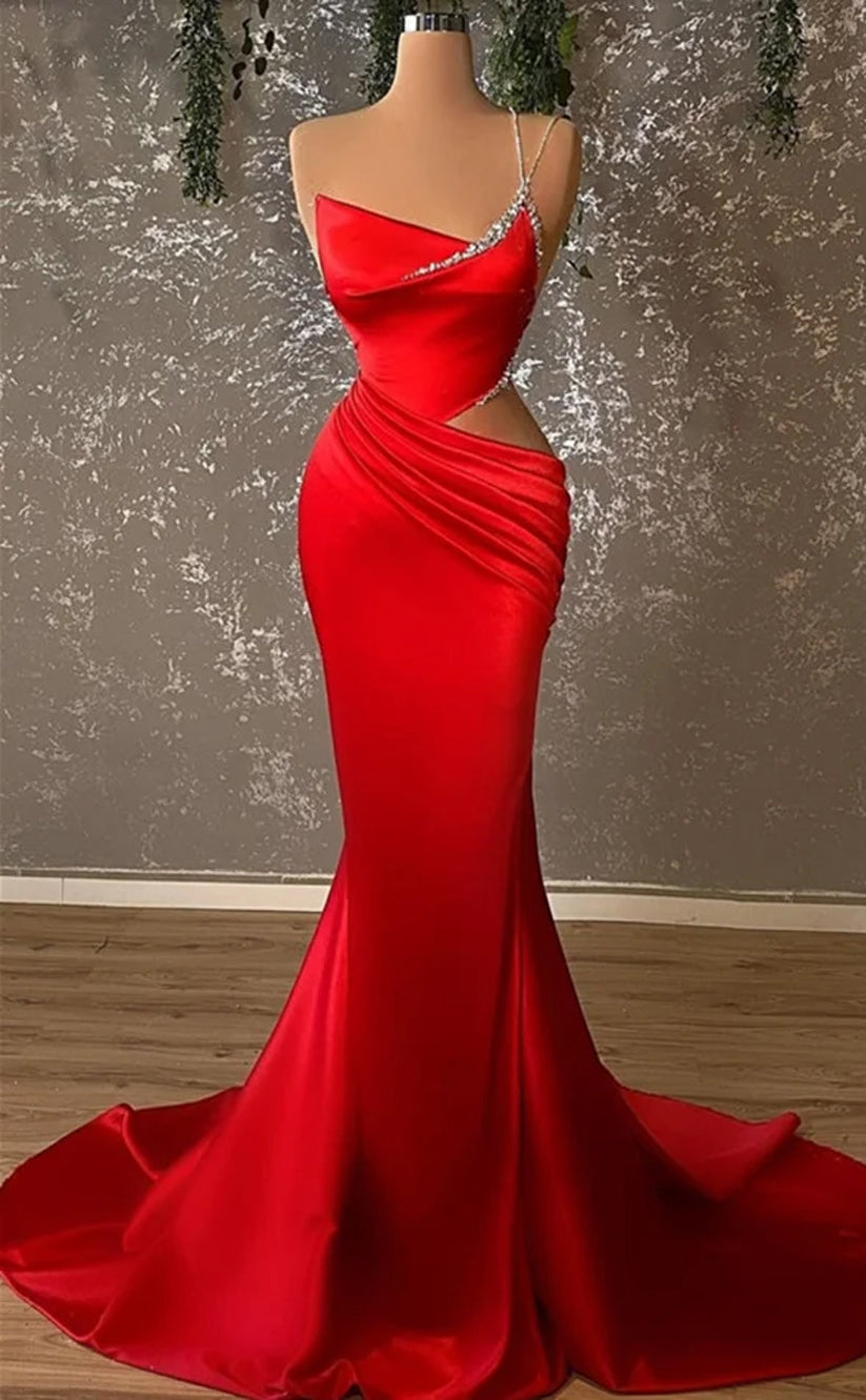 RP1114-Elegant Red Mermaid One Shoulder Ruched Beads Sleeveless Long Prom Evening Dresses Formal Party Gowns With Train