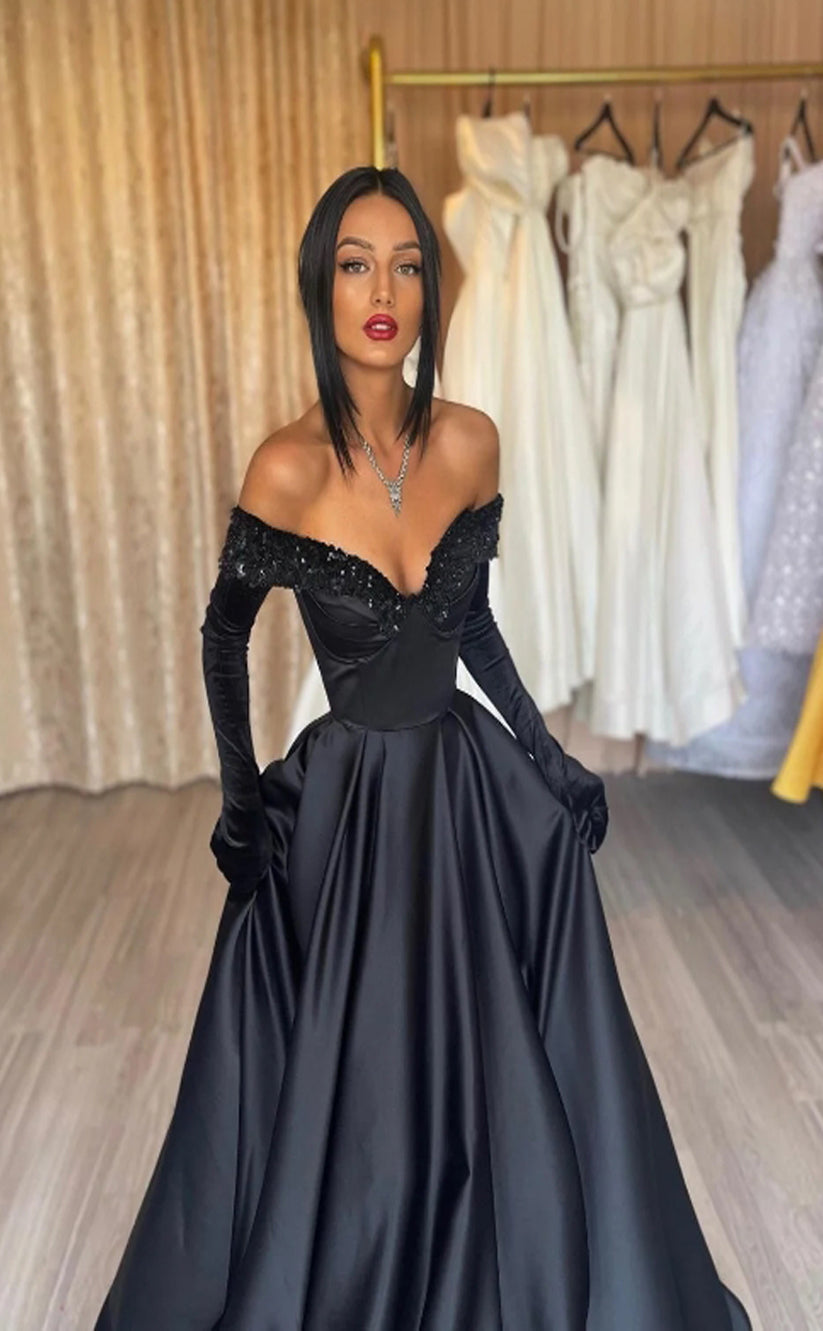 RP1112-Elegant Black A-Line Off-the-Shoulder Beads Pleated Long Sleeves Prom Evening Dresses Formal Party Gowns With Train