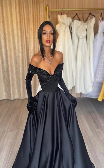 RP1112-Elegant Black A-Line Off-the-Shoulder Beads Pleated Long Sleeves Prom Evening Dresses Formal Party Gowns With Train