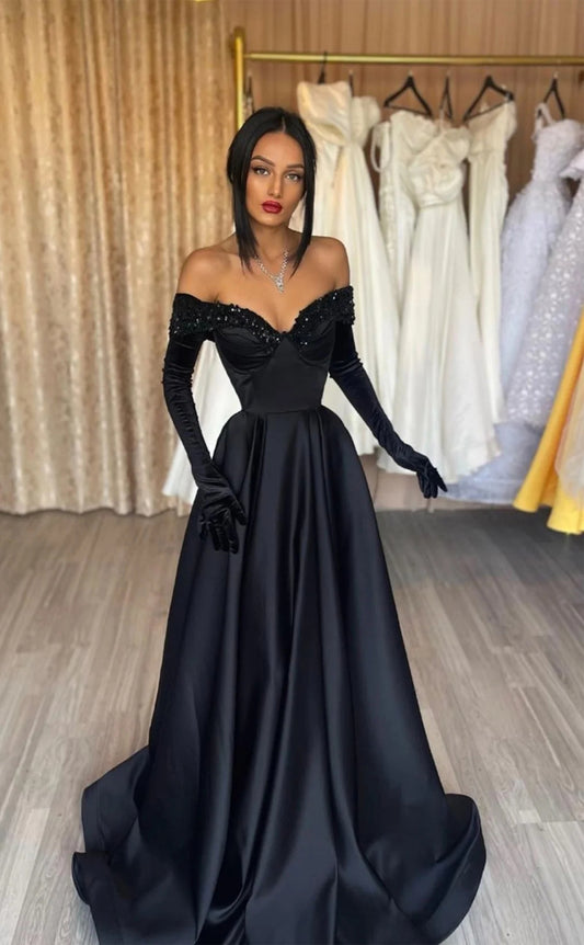 RP1112-Elegant Black A-Line Off-the-Shoulder Beads Pleated Long Sleeves Prom Evening Dresses Formal Party Gowns With Train