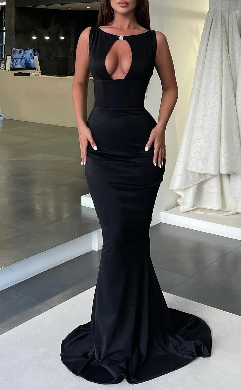 RP481-Elegant Black Mermaid Scoop Ruched Sleeveless Satin Prom Evening Dresses Formal Party Gowns With Cut Out