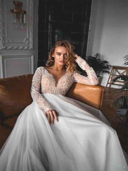 Sparkling A-Line Wedding Dresses V-Neck Beads Sequins Appliques Covered Buttons Lace Long Sleeves  Tulle