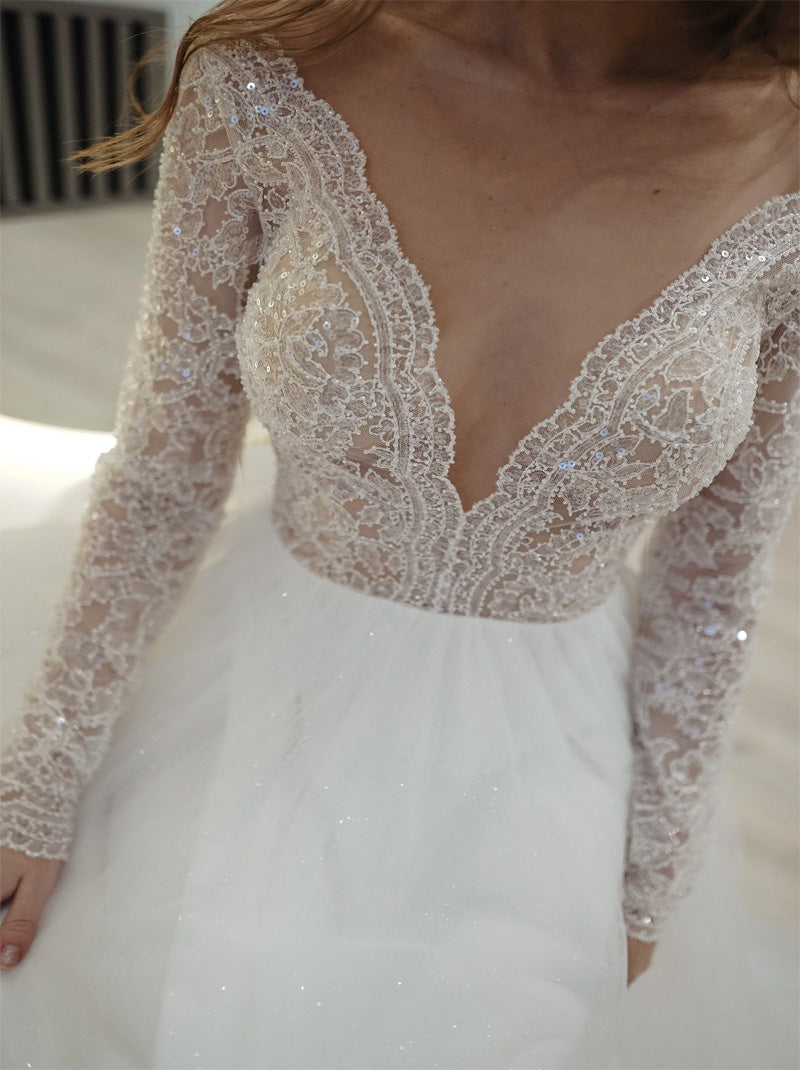 Sparkling A-Line Wedding Dresses V-Neck Beads Sequins Appliques Covered Buttons Lace Long Sleeves  Tulle