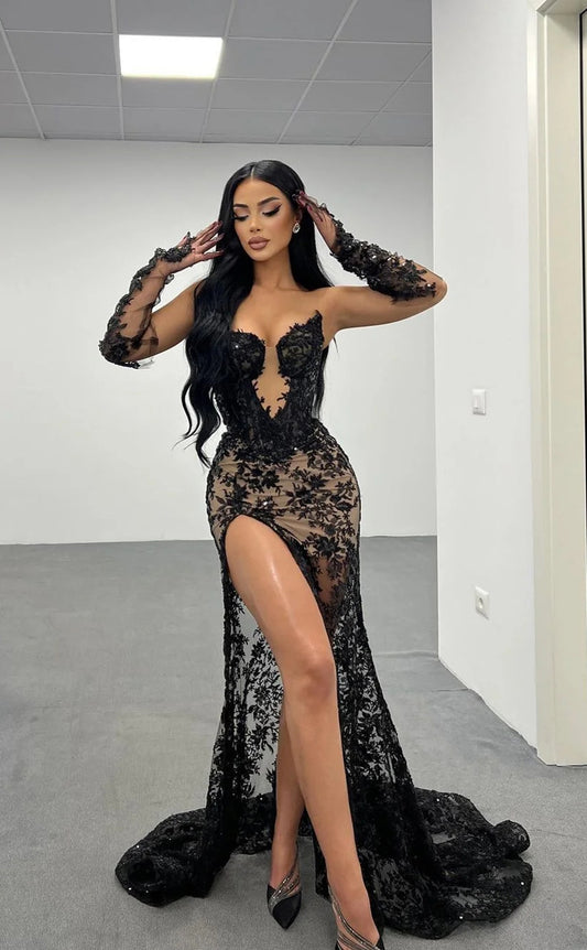 RP1104-Elegant Black Mermaid Sweetheart Beads Appliqued Long Sleeves Lace Long Prom Evening Dresses Formal Party Gowns With Slit