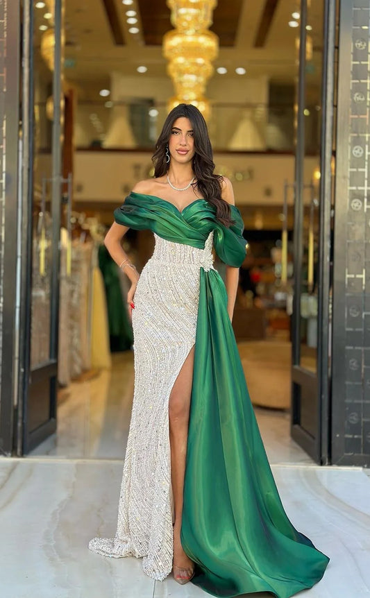 RP1106-Elegant Green Mermaid Off-the-Shoulder Beads Ruched Cap Sleeves Long Prom Evening Dresses Formal Party Gowns With Slit