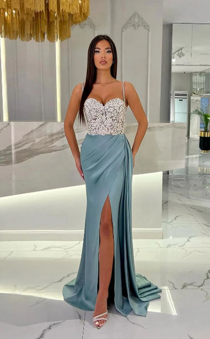 RP1103-Elegant Mermaid Sky Blue Spaghetti Ruched Beads Sleeveless Long Prom Evening Dresses Formal Party Gowns With Slit