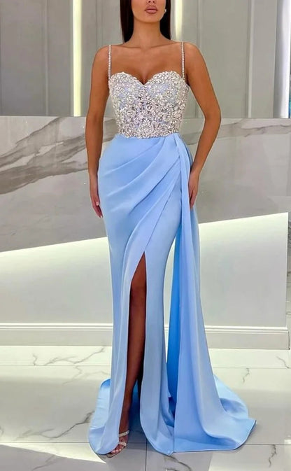 RP1103-Elegant Mermaid Sky Blue Spaghetti Ruched Beads Sleeveless Long Prom Evening Dresses Formal Party Gowns With Slit