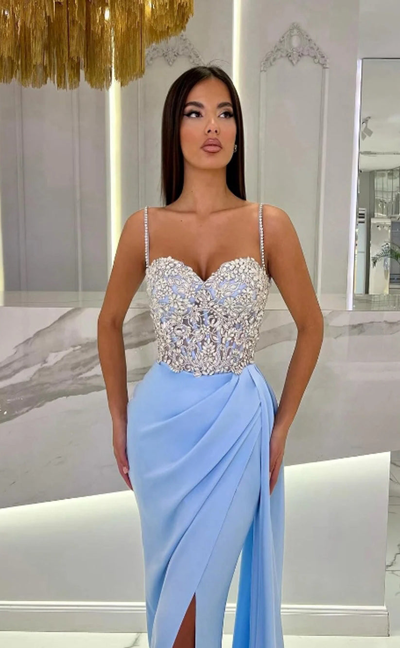 RP1103-Elegant Mermaid Sky Blue Spaghetti Ruched Beads Sleeveless Long Prom Evening Dresses Formal Party Gowns With Slit