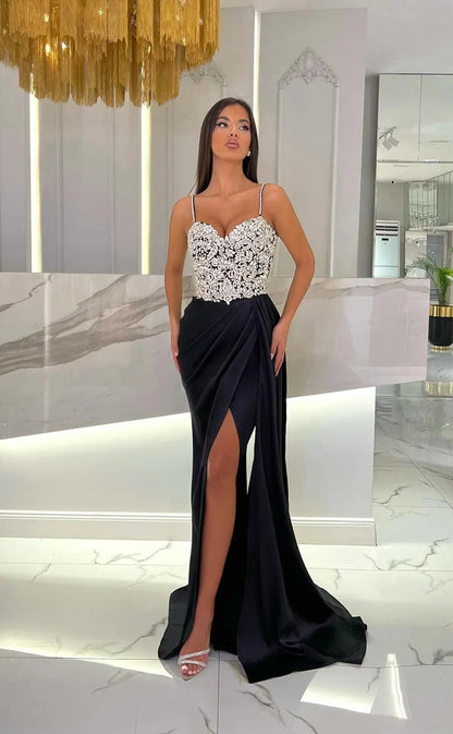 RP1103-Elegant Mermaid Sky Blue Spaghetti Ruched Beads Sleeveless Long Prom Evening Dresses Formal Party Gowns With Slit