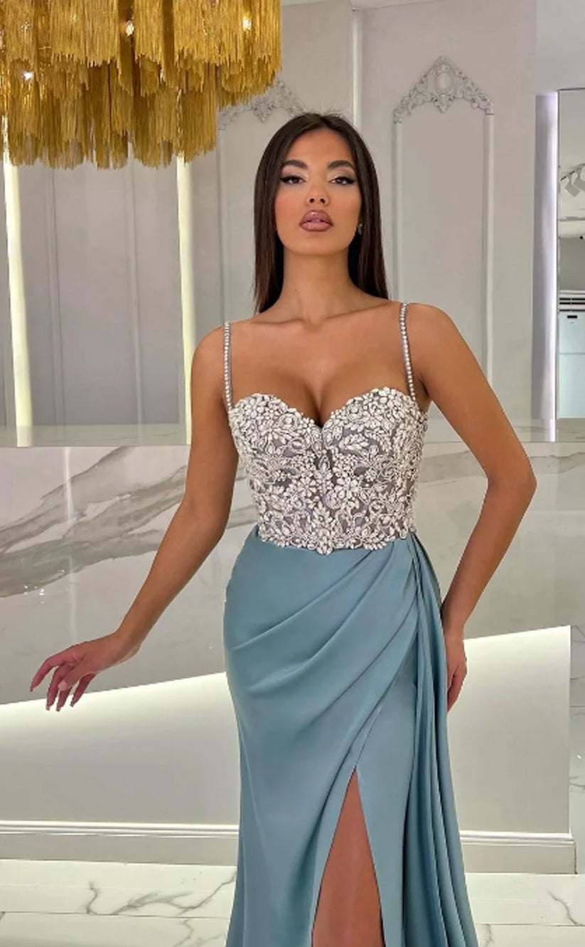 RP1103-Elegant Mermaid Sky Blue Spaghetti Ruched Beads Sleeveless Long Prom Evening Dresses Formal Party Gowns With Slit