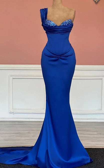 RP1092-Elegant Royal Blue Mermaid One Shoulder Beads Ruched Sleeveless Long Prom Evening Dresses Formal Party Gowns With Train