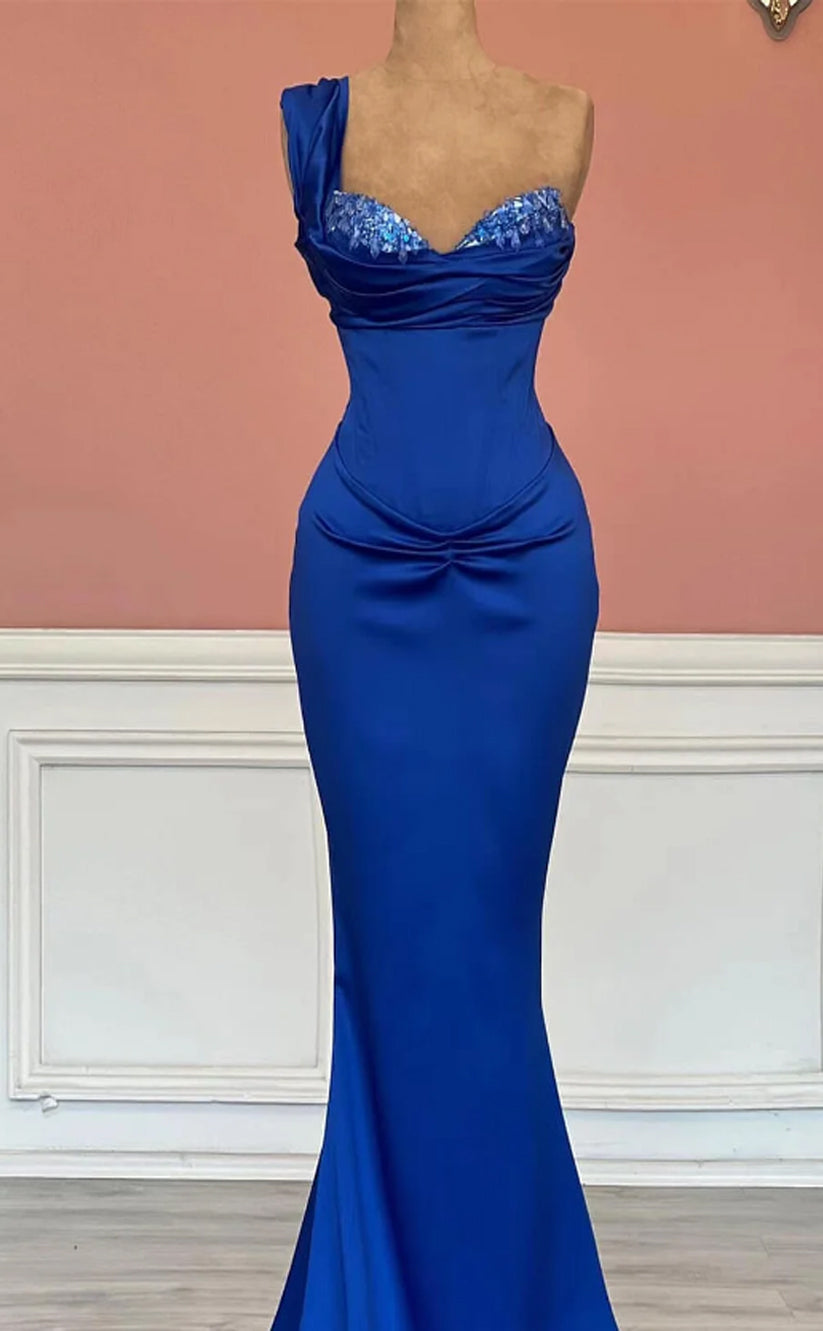 RP1092-Elegant Royal Blue Mermaid One Shoulder Beads Ruched Sleeveless Long Prom Evening Dresses Formal Party Gowns With Train