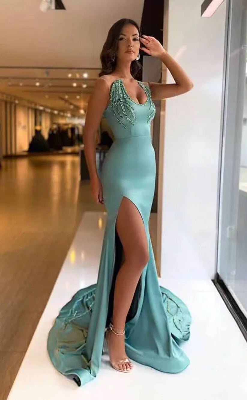 RP1093-Elegant Green Mermaid Sweetheart Beads Sleeveless Long Prom Evening Dresses Formal Party Gowns With Slit