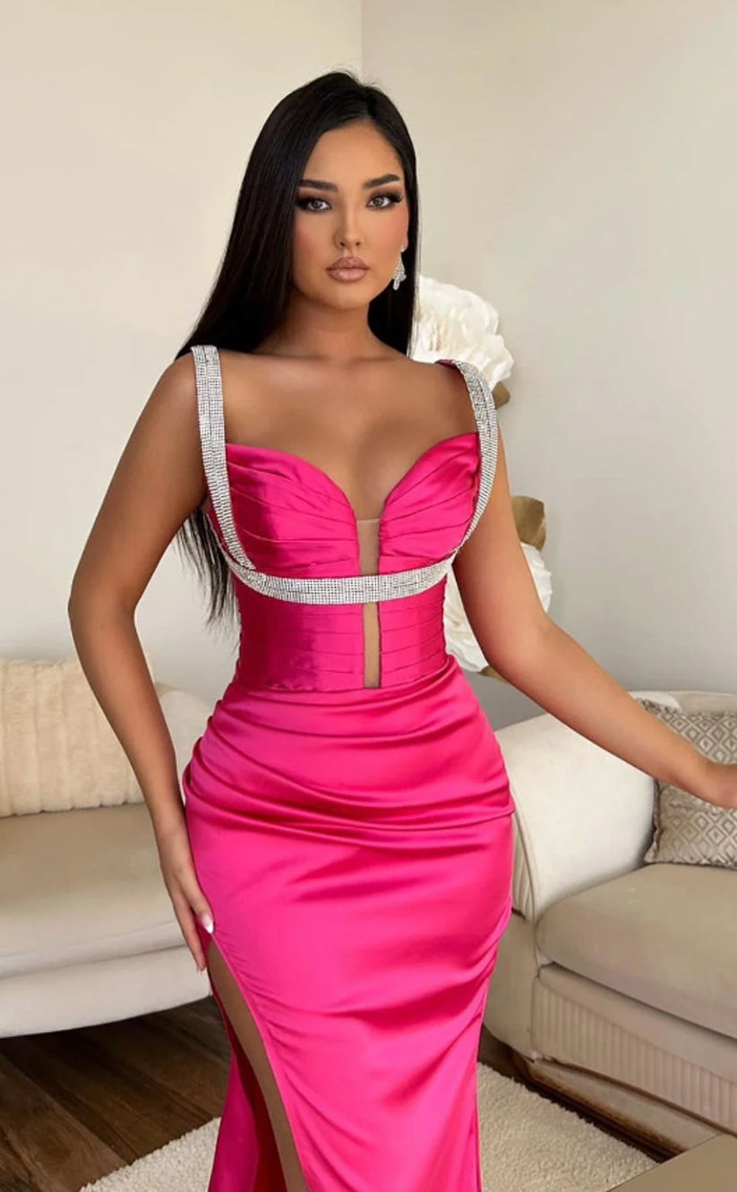 RP679-Elegant Fuchsia Mermaid Spaghetti Beads Ruched Sleeveless Long Prom Evening Dresses Formal Party Gowns With Slit