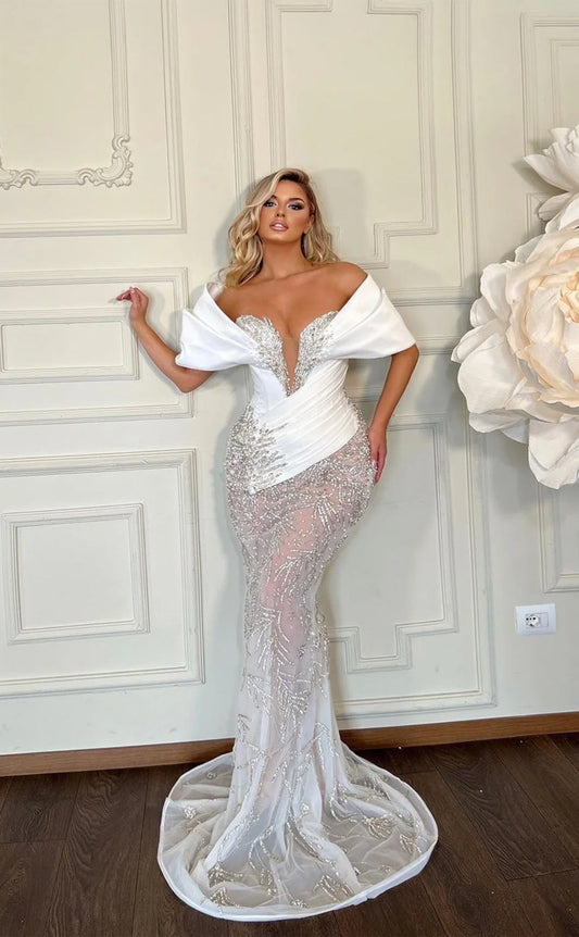 RP1100-Elegant White Mermaid Off-the-Shoulder Beads Ruched Cap Sleeves Long Prom Evening Dresses Formal Party Gowns