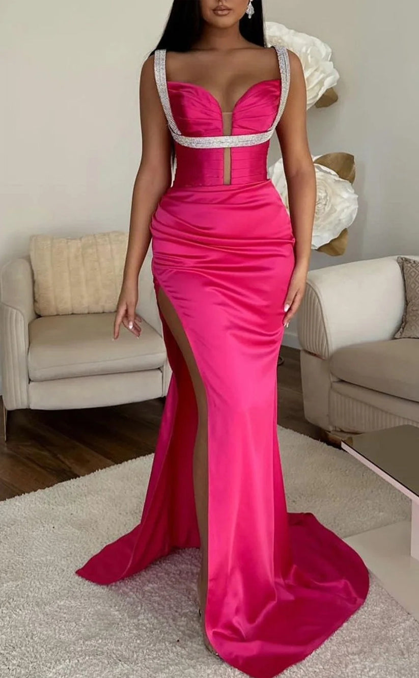 RP679-Elegant Fuchsia Mermaid Spaghetti Beads Ruched Sleeveless Long Prom Evening Dresses Formal Party Gowns With Slit