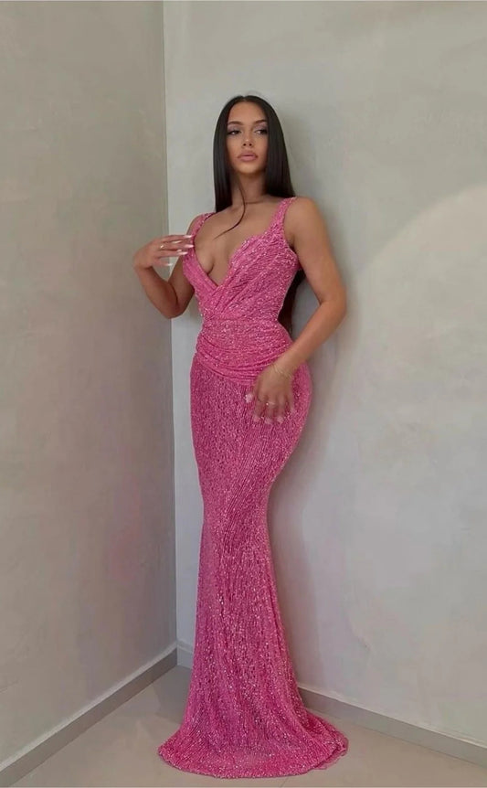 RP1099-Luxury Pink Mermaid Spaghetti Beads Sequins Sleeveless Floor Length Prom Evening Dresses Formal Party Gowns