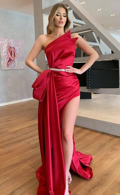 RP1101-Elegant Fuchsia Mermaid Strapless Ruched Sleeveless Long Prom Evening Dresses Formal Party Gowns With Slit