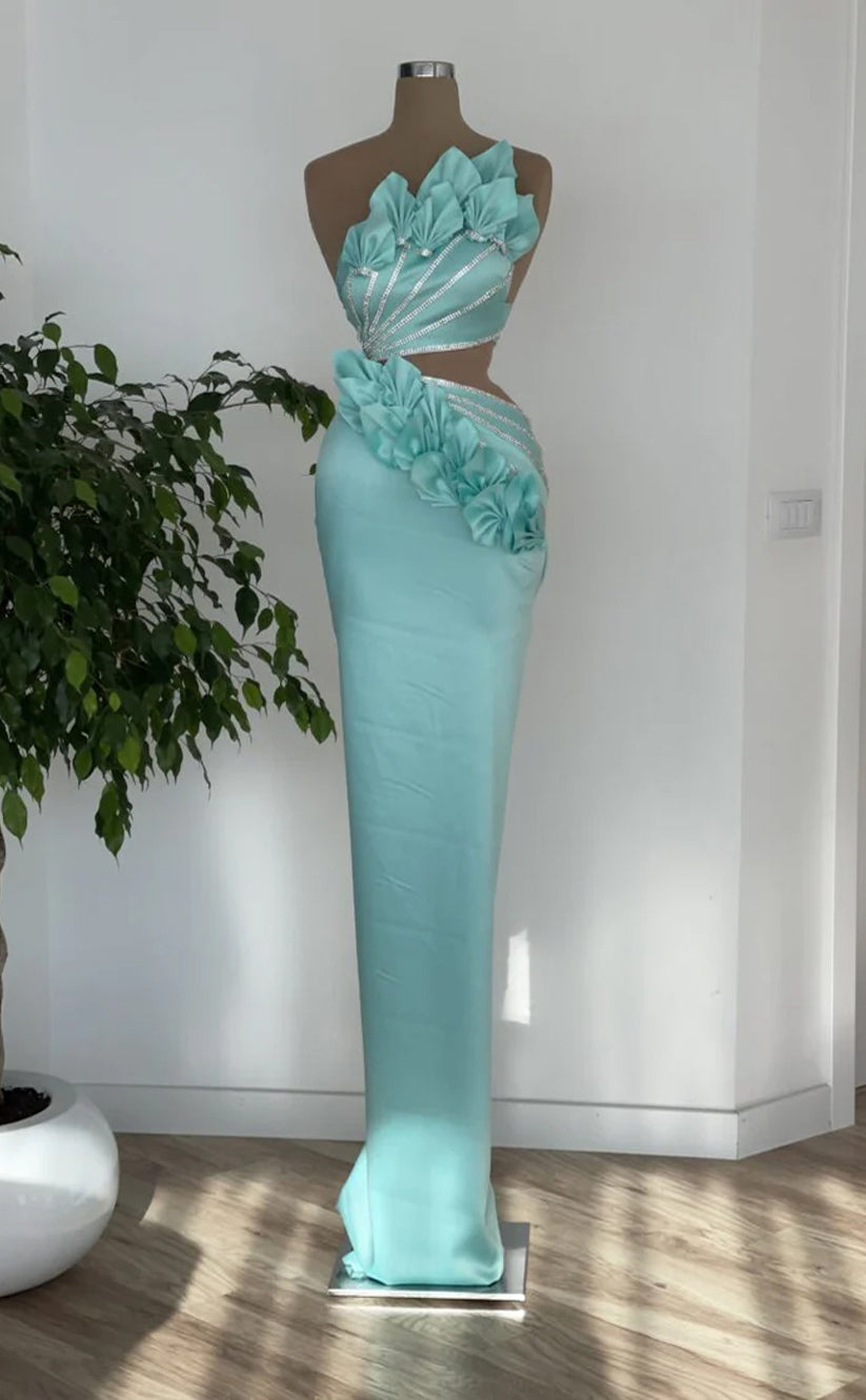 RP289-Gorgeous Turquoise Mermaid Strapless Beaded Sleeveless Prom Evening Dresses Formal Party Gowns With 3D Flowers